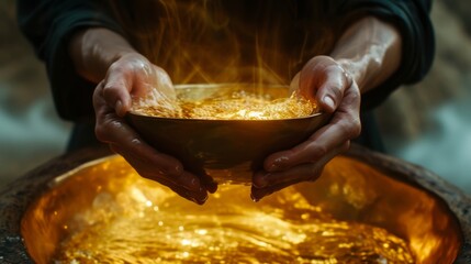 Close-up of hands holding a golden bowl emitting glowing light, symbolizing energy, warmth, and mysticism in a magical setting. AI generated.