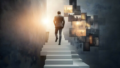 Suit businessman walking up stairs against gray wall with copy space Pictures of multiple buildings are floating in the air He is on his way to success Japanes