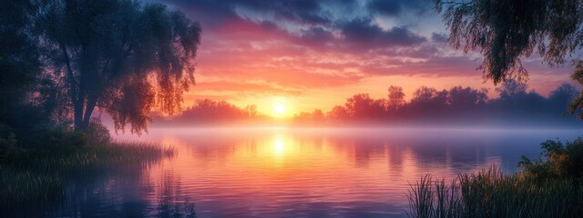Obraz premium Serene Sunrise over Misty Lake Tranquil Nature Scene