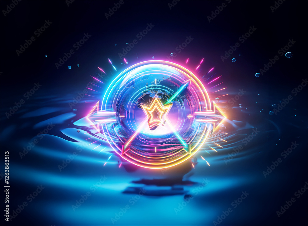 Poster rainbow glow emanates from a circular object featuring a central star, brightly illuminating a wavy 