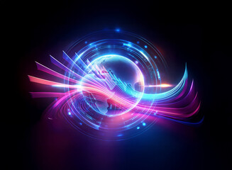 Fototapeta premium Abstract glowing globe surrounded by bright neon light trails. Futuristic digital design with vibrant colors on a dark background.