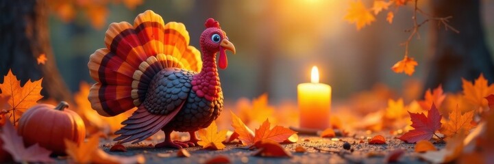 Colorful cartoon turkey surrounded by vibrant autumn leaves and warm candlelight, candlelight, fall decor