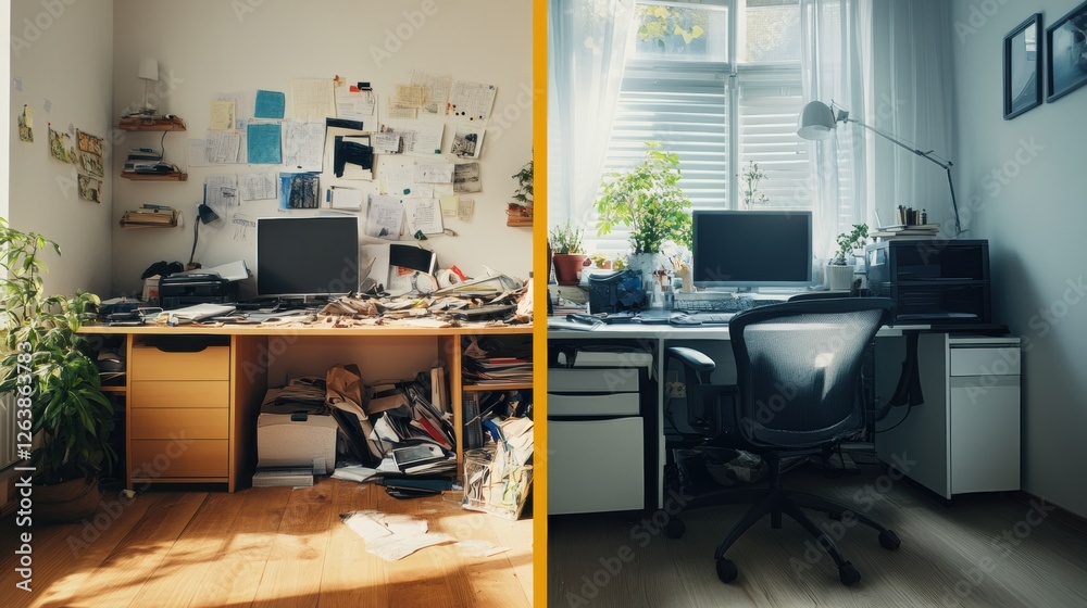 Fototapete cluttered workspace contrasts with tidy organized environment in a split interior view that showcase
