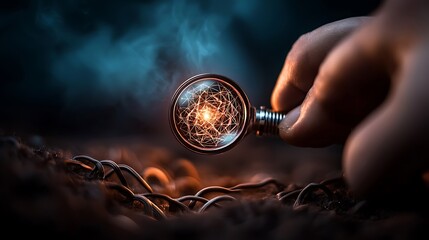 Close-up of a hand holding a magnifying glass revealing glowing energy strands on a textured surface