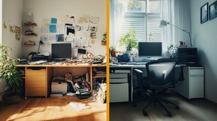 Cluttered workspace contrasts with tidy organized environment in a split interior view that showcases the difference in style. Generative AI