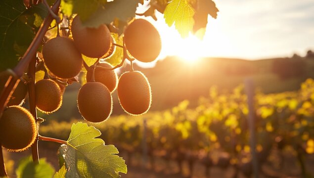 Ripe kiwifruit on vine at sunset, vineyard background.