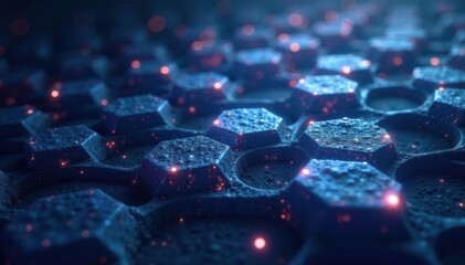 Icy hexagonal metallic lattice glowing softly in the dark, light, abstract, hexagonal metal background