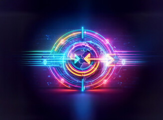 Vibrant neon target with glowing circles and arrows on a dark backdrop. Futuristic digital design with bright, colorful elements for a modern, abstract concept.