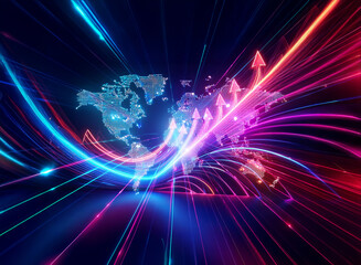 Fototapeta premium Vibrant digital world map with upward arrows and light trails, conveying global expansion and technological progress in a dynamic, futuristic style.