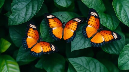 Two vibrant orange and black butterflies resting on lush green leaves, delicate wings displaying intricate patterns, nature’s harmony and beauty in close up wildlife photography