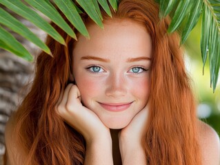 Naklejka premium Young red haired woman with bright green eyes smiling through lush tropical leaves, radiating joy, natural beauty, vibrant energy, and youthful optimism