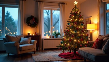Colorful Christmas tree with ornaments and lights in a modern living room, light decorations, festive atmosphere