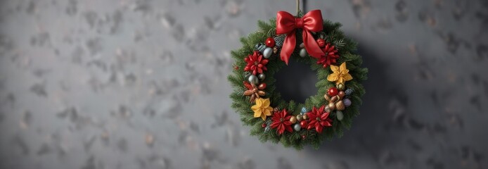 Colorful Christmas wreath hanging from a hook, baubles, festive, ornaments