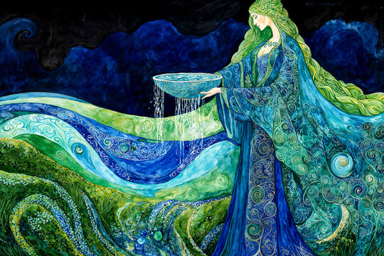 Danu, Celtic earth mother goddess of nature, with overflowing bowl of water, Tuatha Dé Danann, Ireland mythology