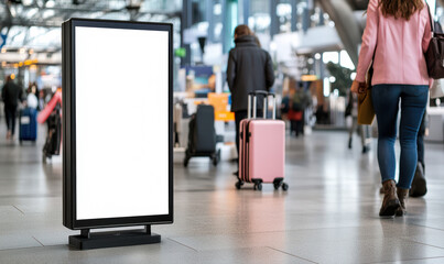 This mockup template highlights an empty display stand in a bustling airport, surrounded by travelers with luggage, creating a perfect opportunity for branding.