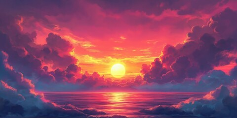 Obraz premium A breathtaking sunset unfurls across the sky in fiery reds, oranges, and pinks, centered around a radiant setting sun casting warm glows over a tranquil landscape