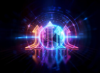 Fototapeta premium Neon abstract arrows design with circles in a dark space. Arrows point up and down, glowing in blue, pink, and orange colors.