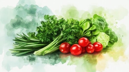 Fresh Vegetables Including Tomatoes, Lettuce, Spinach, and Green Onions on a Soft Watercolor Background