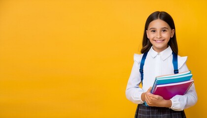 Naklejka premium School girl hold copybook and book on yellow isolated studio background
