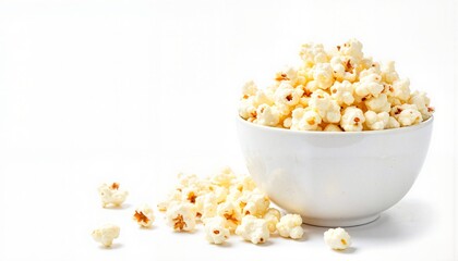 Large bowl of freshly popped popcorn, isolated on white background, perfect for advertisements.