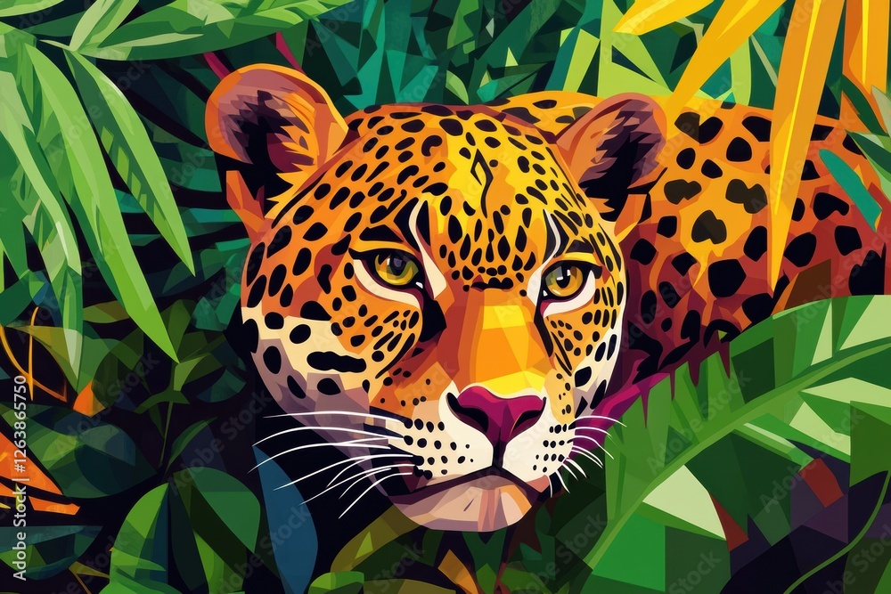Poster Close up view of a leopard in vibrant rainforest setting during midday light. Generative AI