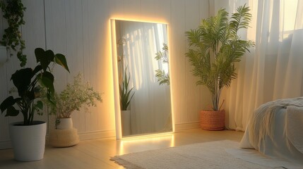 Elegant Interior with Backlit Mirror and Green Plants in Cozy Room Setting for Home Decor Inspiration