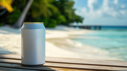 A white blank soda can with water droplets on a wooden table, with a beach and ocean in the background