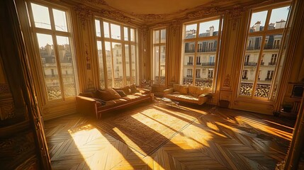 Elegant sunlit living room with large windows showcasing urban views in Paris during golden hour