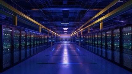 Fototapeta premium A symmetric view of a large server room filled with glowing racks, colorful lights, and reflective floors, emphasizing technological advancement and data management. AI generated.