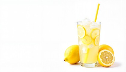 Refreshing glass of homemade lemonade with lemon slices and straw, isolated on white background.