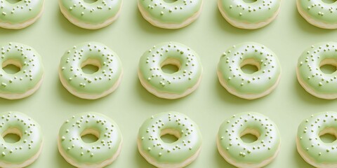 Pattern of pastel green donuts with sprinkles on a light green background.