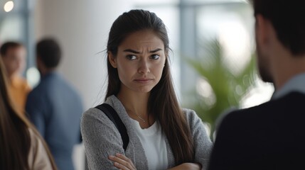 Obraz premium A participant stands with arms crossed visibly frustrated as another gestures emphatically during a highstakes discussion the edges of the frame fading into a soft blur that hints at