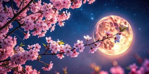 Full moon's glow paints the night sky, cherry blossoms blooming in springtime splendor.