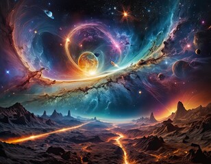 A breathtaking cosmic landscape with swirling nebulae, distant planets, and colorful galaxies.