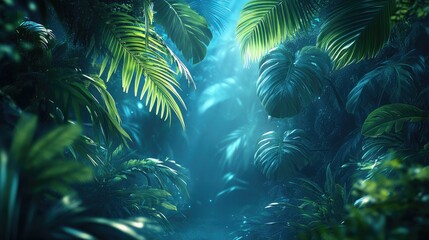 Fototapeta premium Lush tropical jungle scene, sunbeams, nature background, for wallpapers