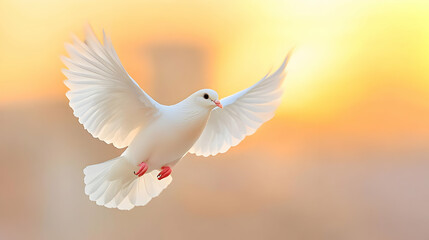 Fototapeta premium White dove flying with wings spread wide in the warm golden light of a sunset sky.