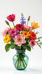 Colorful flowers arranged in a vase on white background, blooms, flowers