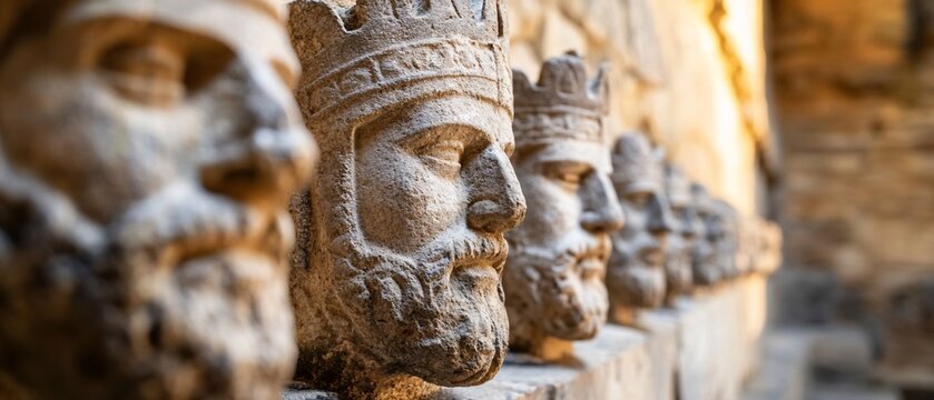 Stone king busts, ancient wall, sunlight, history