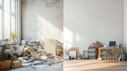 Cluttered versus tidy interior spaces highlighting the contrast between disorganization and cleanliness in daily life. Generative AI