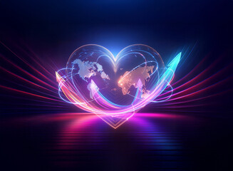 Luminous heart-shaped world map encircled by vibrant light trails against a dark backdrop, symbolizing global connection and motion.