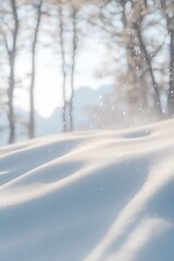 Obraz premium Snow drifts in a winter landscape, sunlight illuminating the snowy surface with trees and mountains in the background.