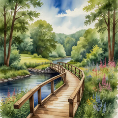 Fototapeta premium watercolor illustration of Farmington, Connecticut, showcasing the Farmington Canal Heritage Trail.