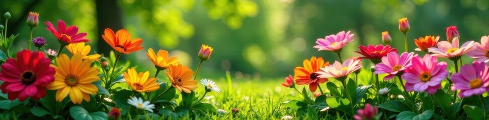 Colorful flowers in a garden amidst lush greenery, plants, flowers, vegetation