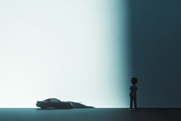 Obraz premium Boy gazes at a sports car under dramatic lighting.