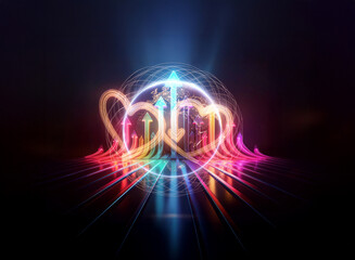 Obraz premium A glowing sphere with upward arrows and heart shapes is set against a dark background. Neon colors and light trails create a dynamic and futuristic scene.