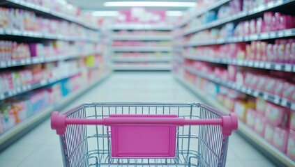 Empty shopping cart in supermarket aisle. (2)