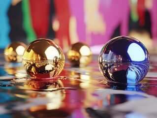 Shiny spheres reflect vibrant colors; abstract background; design element