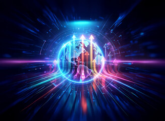 Fototapeta premium A vibrant globe encircled by glowing lines and arrows, depicting global connectivity and technological advancement in a dynamic, futuristic style.