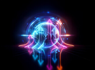 Obraz premium A glowing globe surrounded by vibrant neon arrows pointing inwards and outwards against a dark backdrop, suggesting global connections and dynamic energy flow.