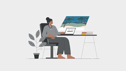 Fototapeta premium Stylized Woman Working from Home, Palm Trees on Screen, Flat Illustration, Muted Colors, Minimalist Composition, Clean and Modern Look, Vector Graphic
